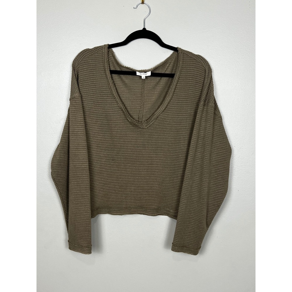 La Miel Womens Waffle Knit V-Neck Cropped Sweater Olive Brown MLT8101 Medium